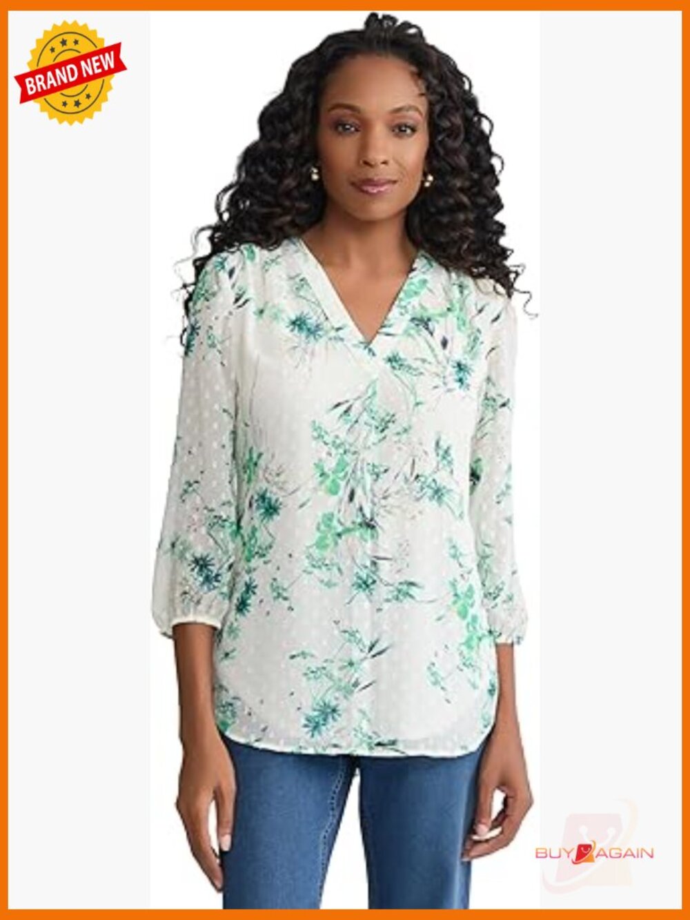 Plus Size Long Sleeve Printed Chiffon Blouse V-Neck Peasant Top
